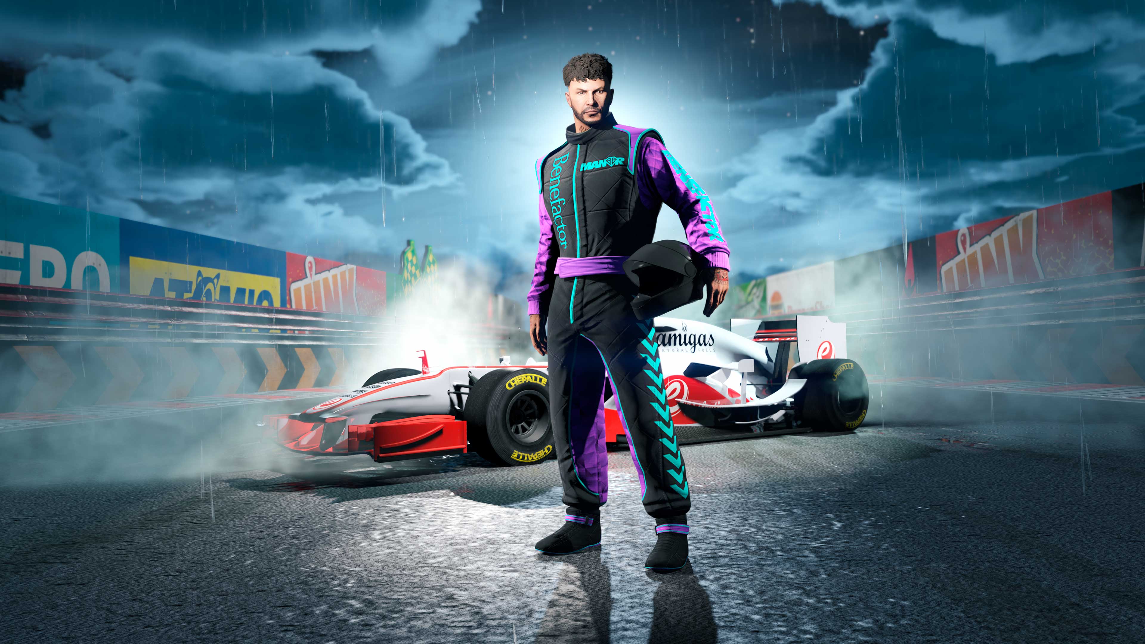 Dark Manor Racing Suit Screenshot of a GTA Online character wearing Dark Manor Racing Suit.