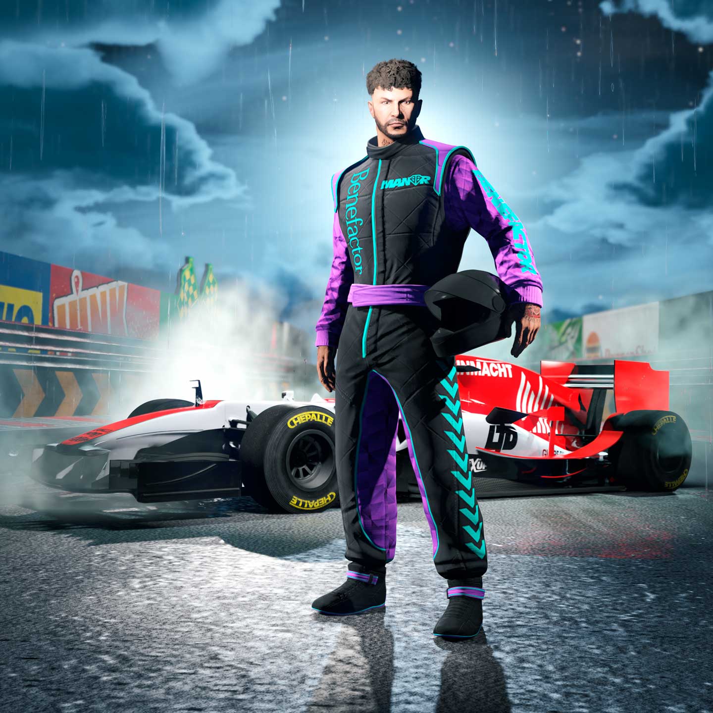 Dark Manor Racing Suit Screenshot of a GTA Online character wearing Dark Manor Racing Suit.