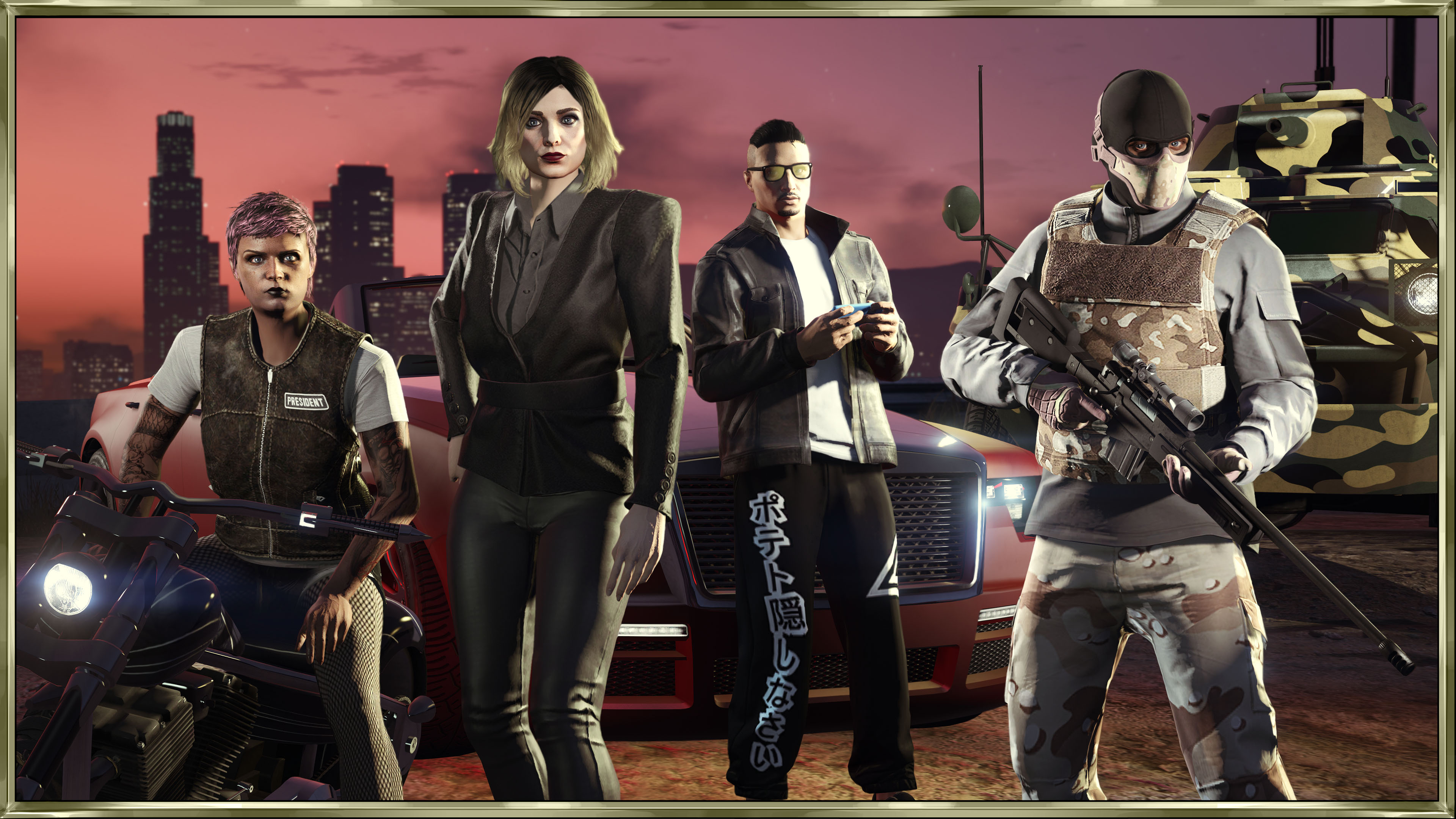 Criminal Enterprises Screenshot of four GTA Online character featuring the Criminal Enterprises Content Update.